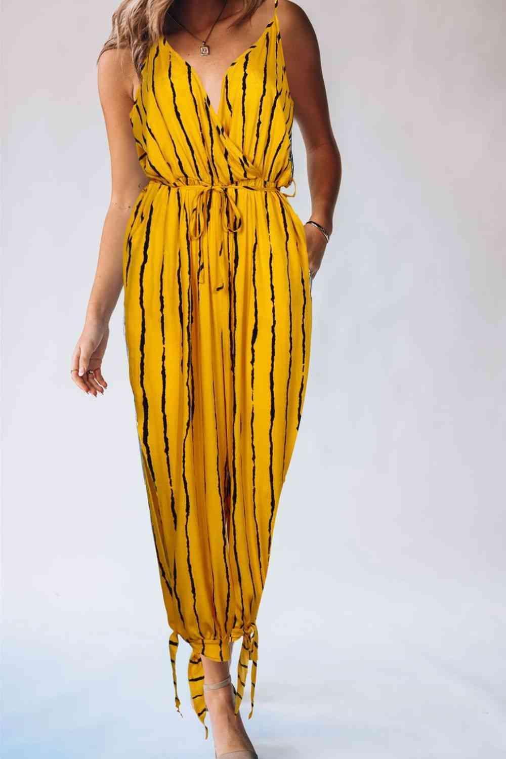 Striped Contrast Tie Ankle Spaghetti Strap Jumpsuit.