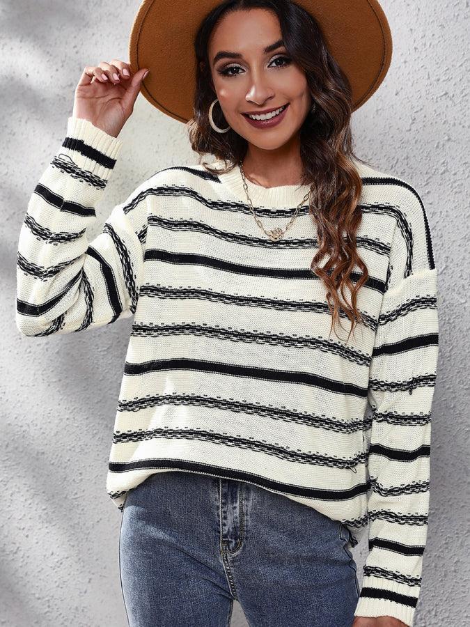 Striped Round Neck Dropped Shoulder Sweater.