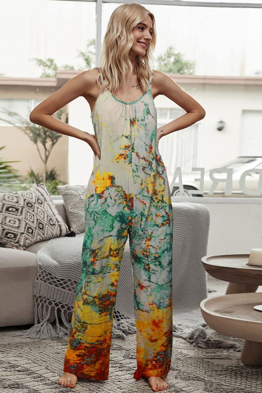 Tie-Dye Spaghetti Strap Jumpsuit with Pockets.