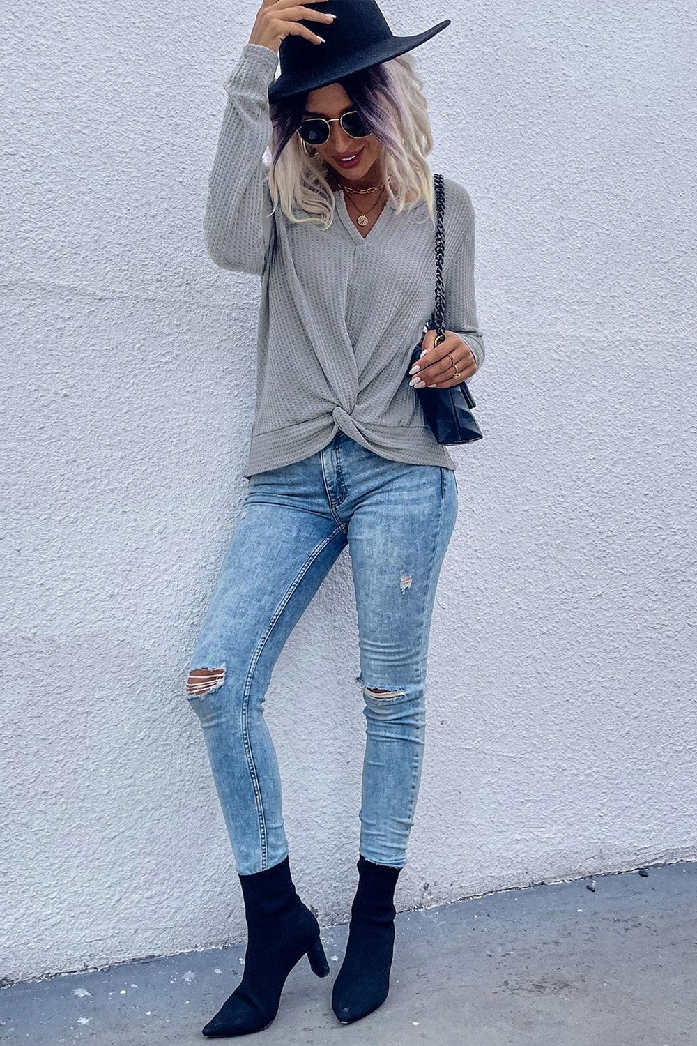 Twist Front Long Sleeve Waffle Knit Top.