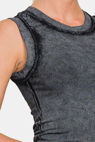 Zenana Washed Ribbed Round Neck Slim Tank.