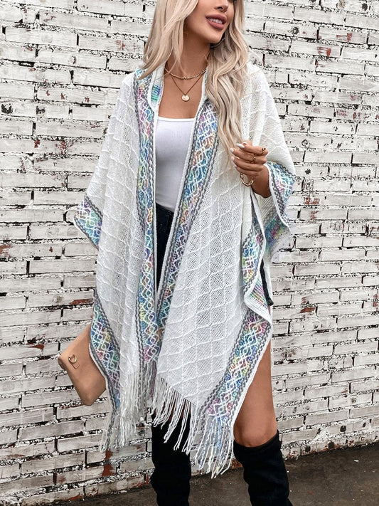 Fringe Half Sleeve Hooded Poncho.