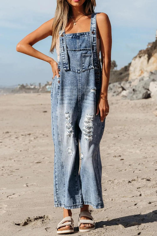 Distressed Bib Pocket Wide Leg Denim Overalls.