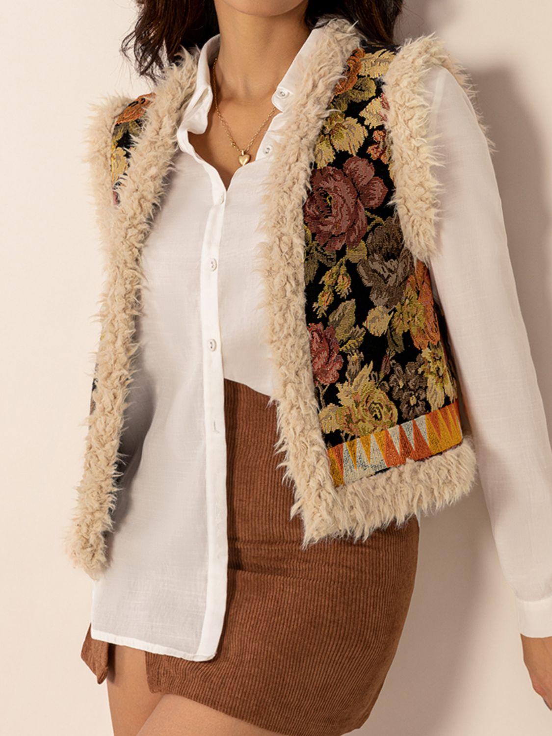 Embroidered Fuzzy Trim Open Front Vest Coat.