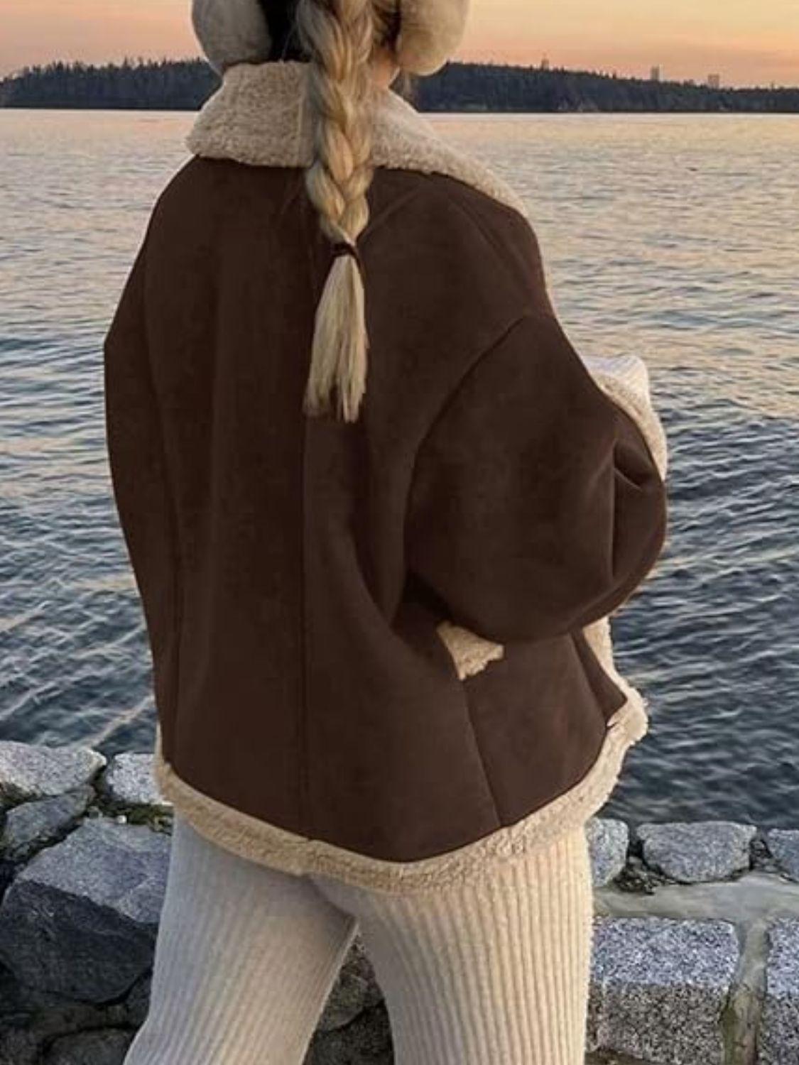 Fuzzy Collared Neck Long Sleeve Jacket.