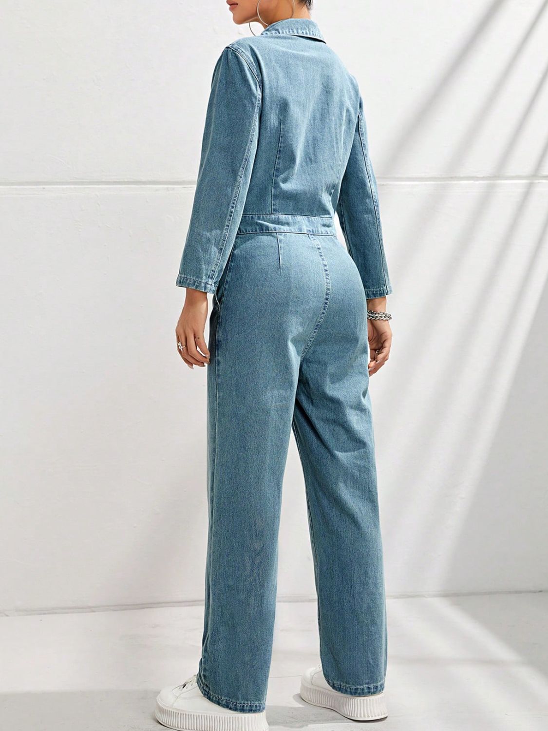 Half Button Long Sleeve Straight Leg Denim Jumpsuit