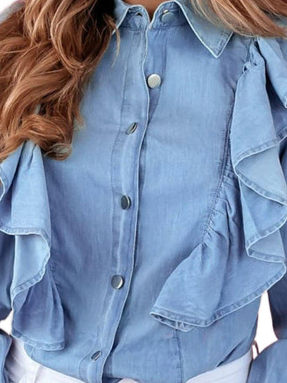 Ruffled Button Up Long Sleeve Denim Shirt