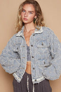 POL Star Textured Raw Hem Long Sleeve Denim Jacket.