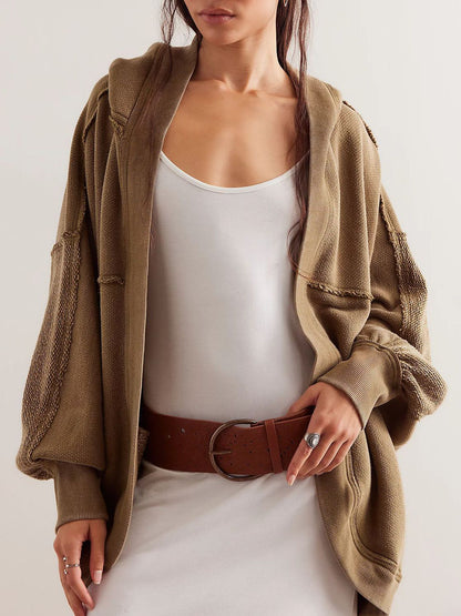 Exposed Seam Open Front Batwing Sleeve Hooded Cardigan