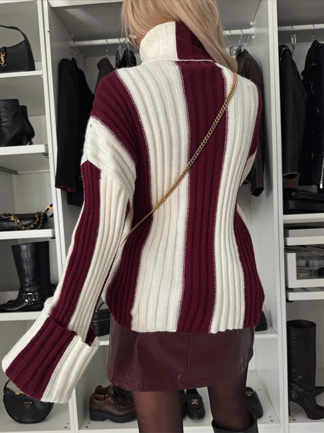 Striped Turtleneck Dropped Shoulder Sweater.
