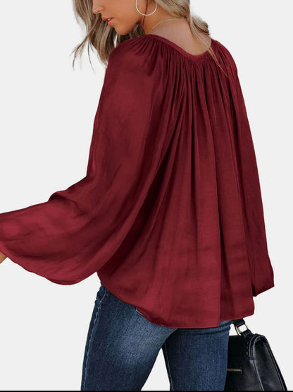 Ruched Tie Neck Balloon Sleeve Blouse Shirt