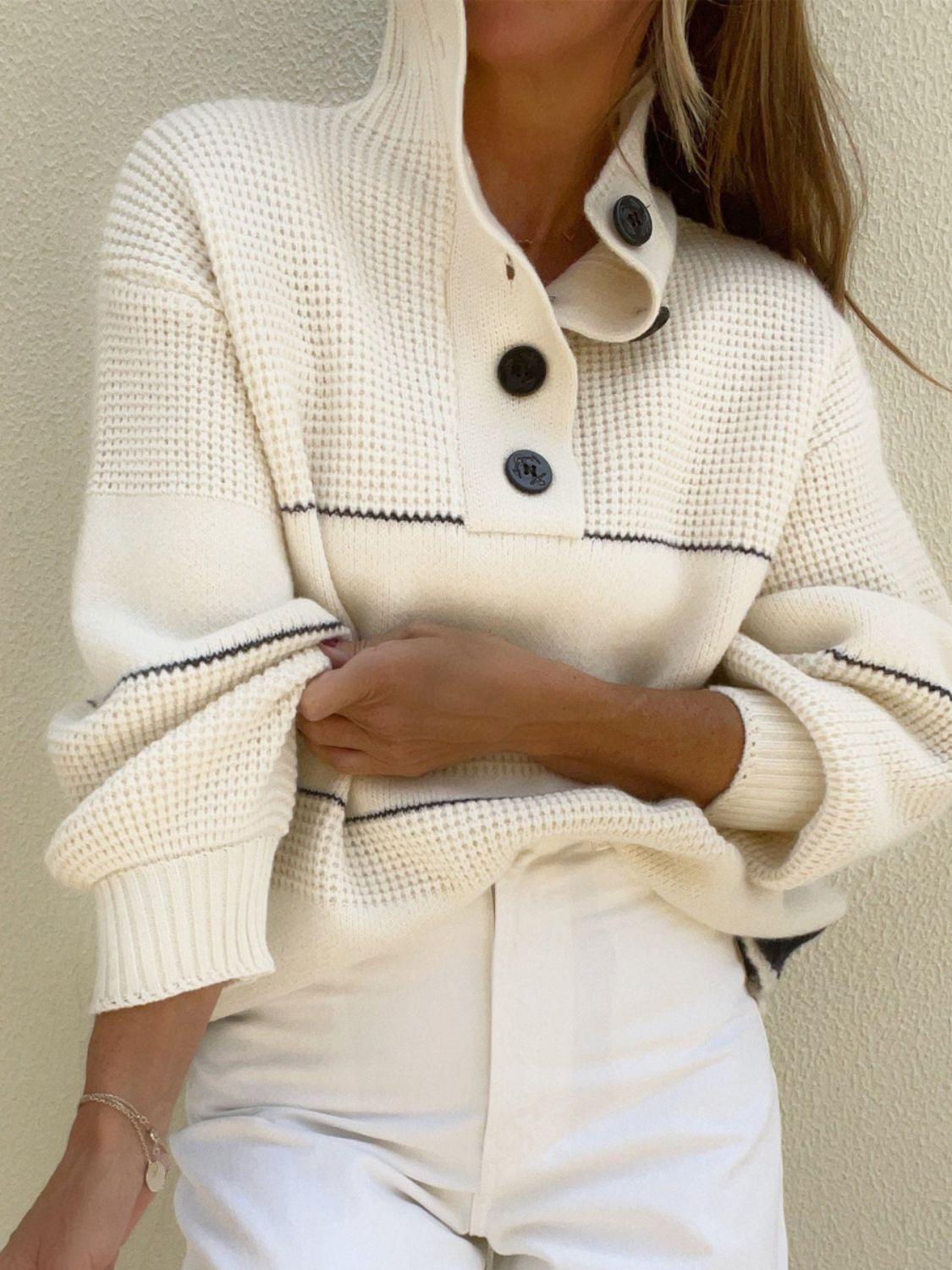 Waffle-Knit Half Button Long Sleeve Sweater.