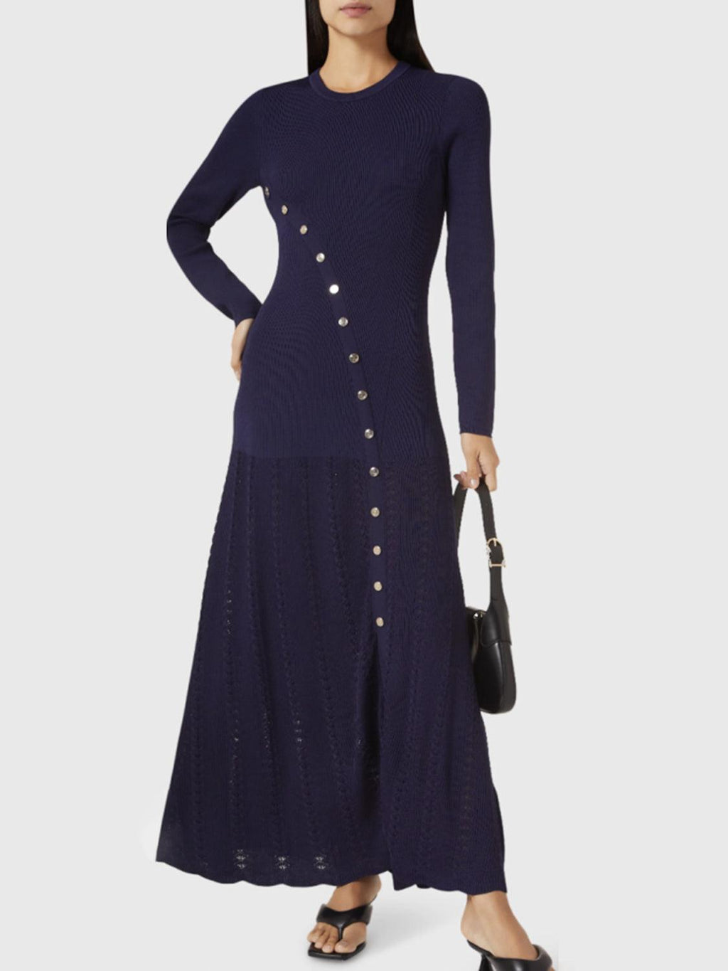 Openwork Round Neck Long Sleeve Sweater Dress.
