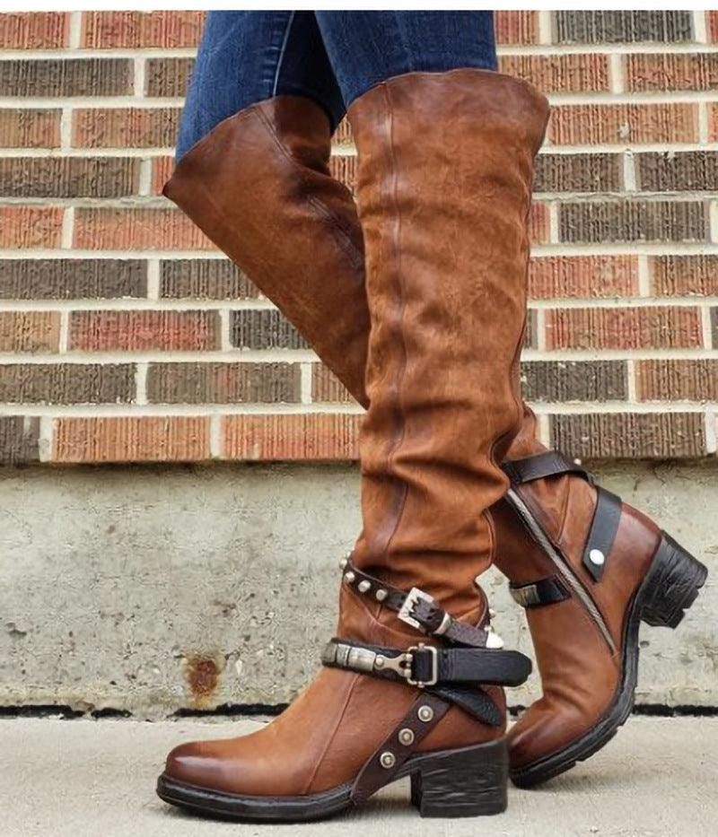 Women’s Grunge Belt Buckle Boots – Chunky Sole, PU Leather, Round Toe.