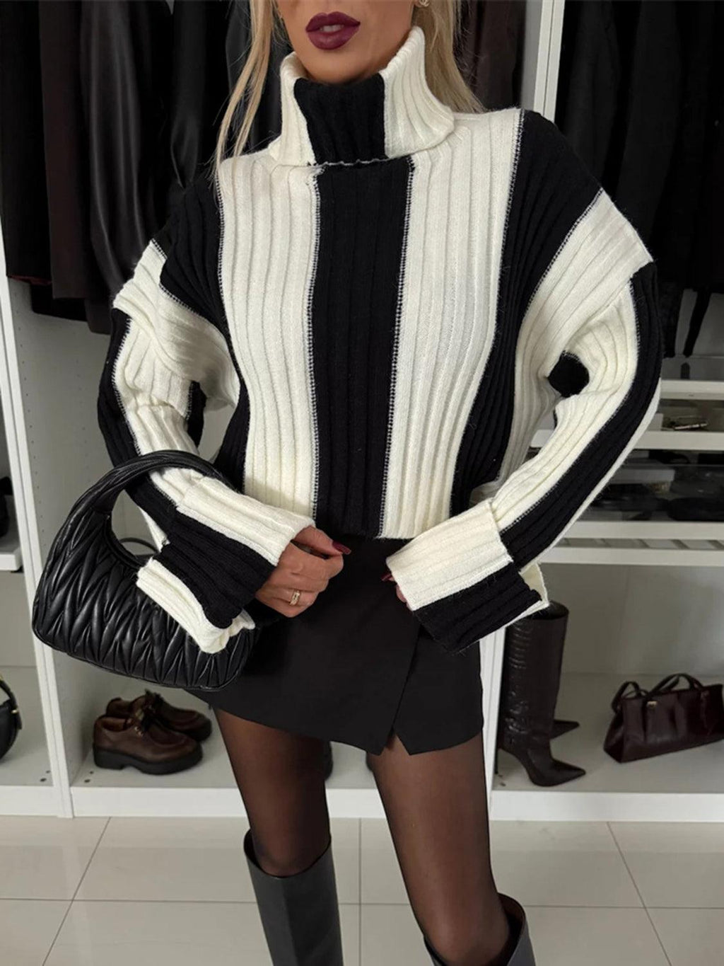 Striped Turtleneck Dropped Shoulder Sweater.
