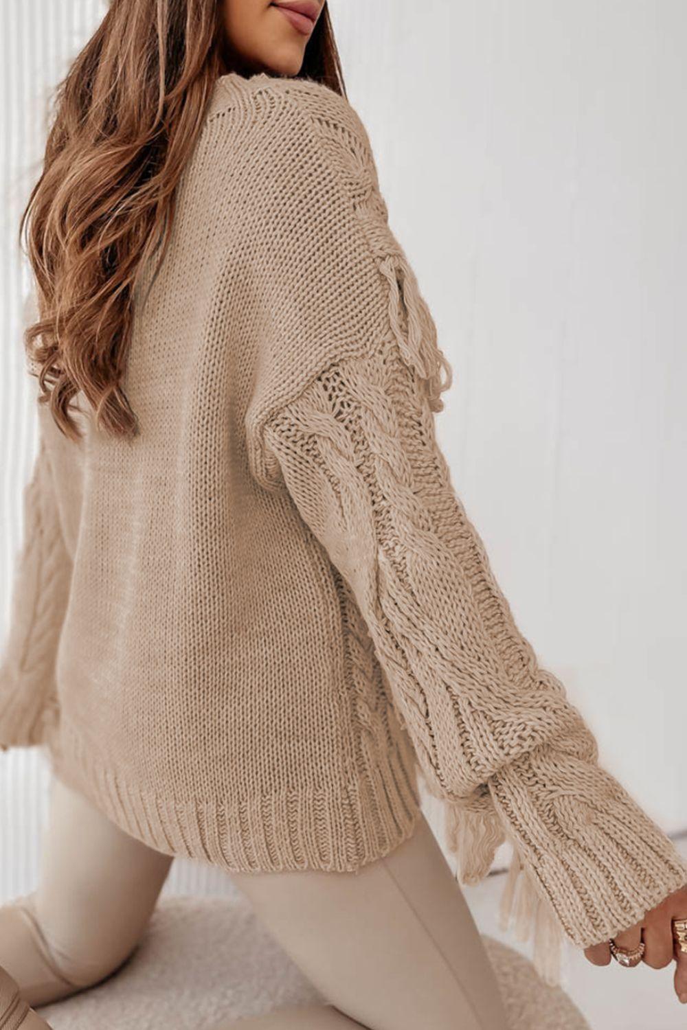 Cable Knit Fringe Round Neck Long Sleeve Sweater.