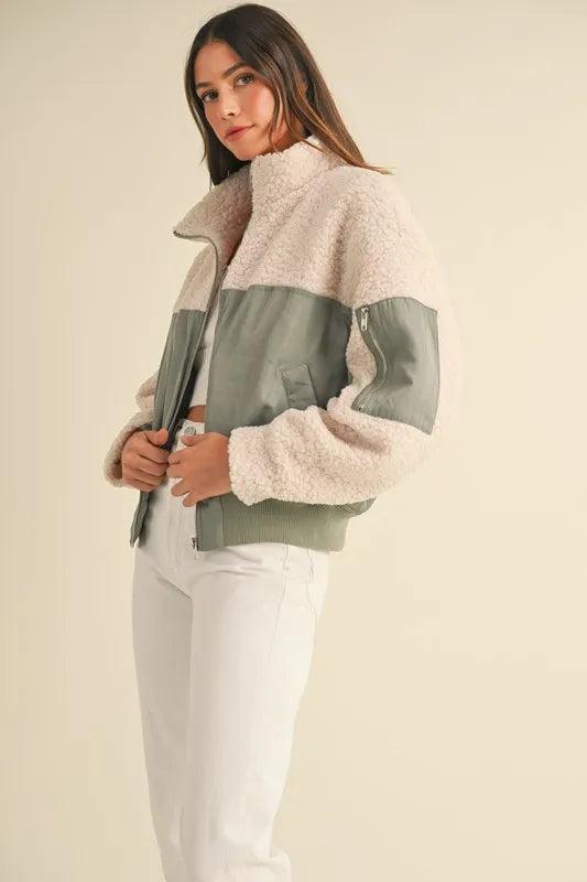 MABLE Shearling Contrast Bomber Jacket.