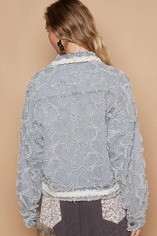 POL Star Textured Raw Hem Long Sleeve Denim Jacket.