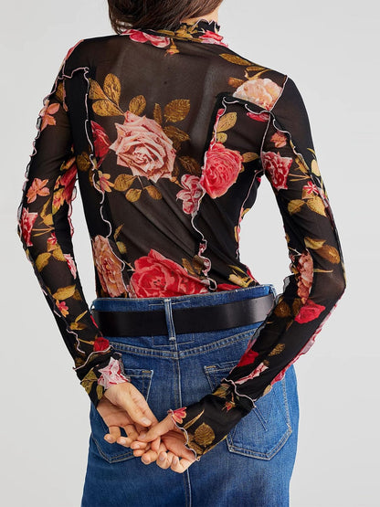 Floral Mock Neck Long Sleeve Top