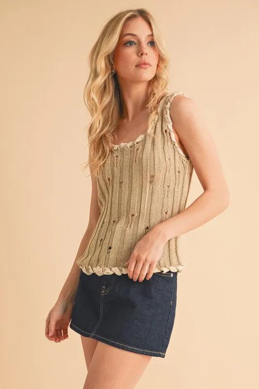 Aemi+Co Distressed Detail Round Neck Knit Tank.