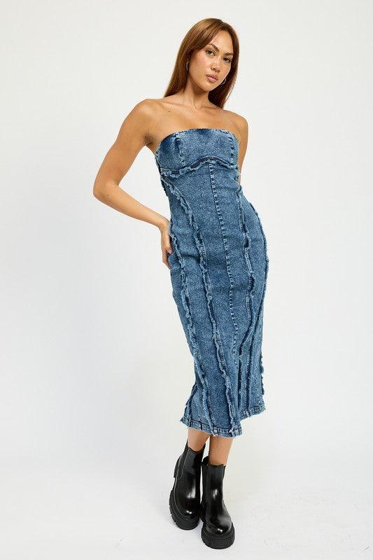 TUBE FRAYED SEAM MIDI DRESS.