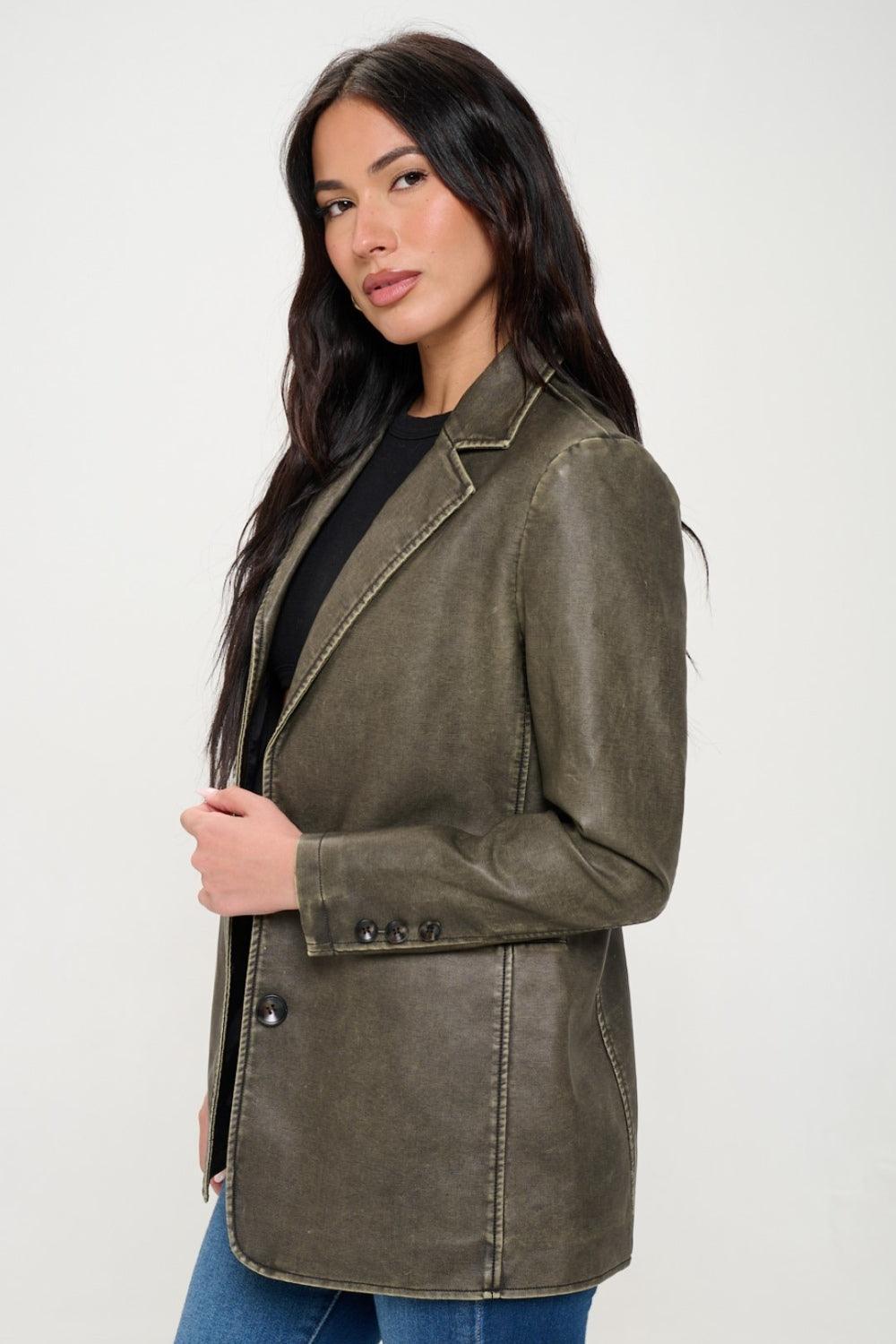 Coalition LA Single-Breasted Vegan Leather Blazer.