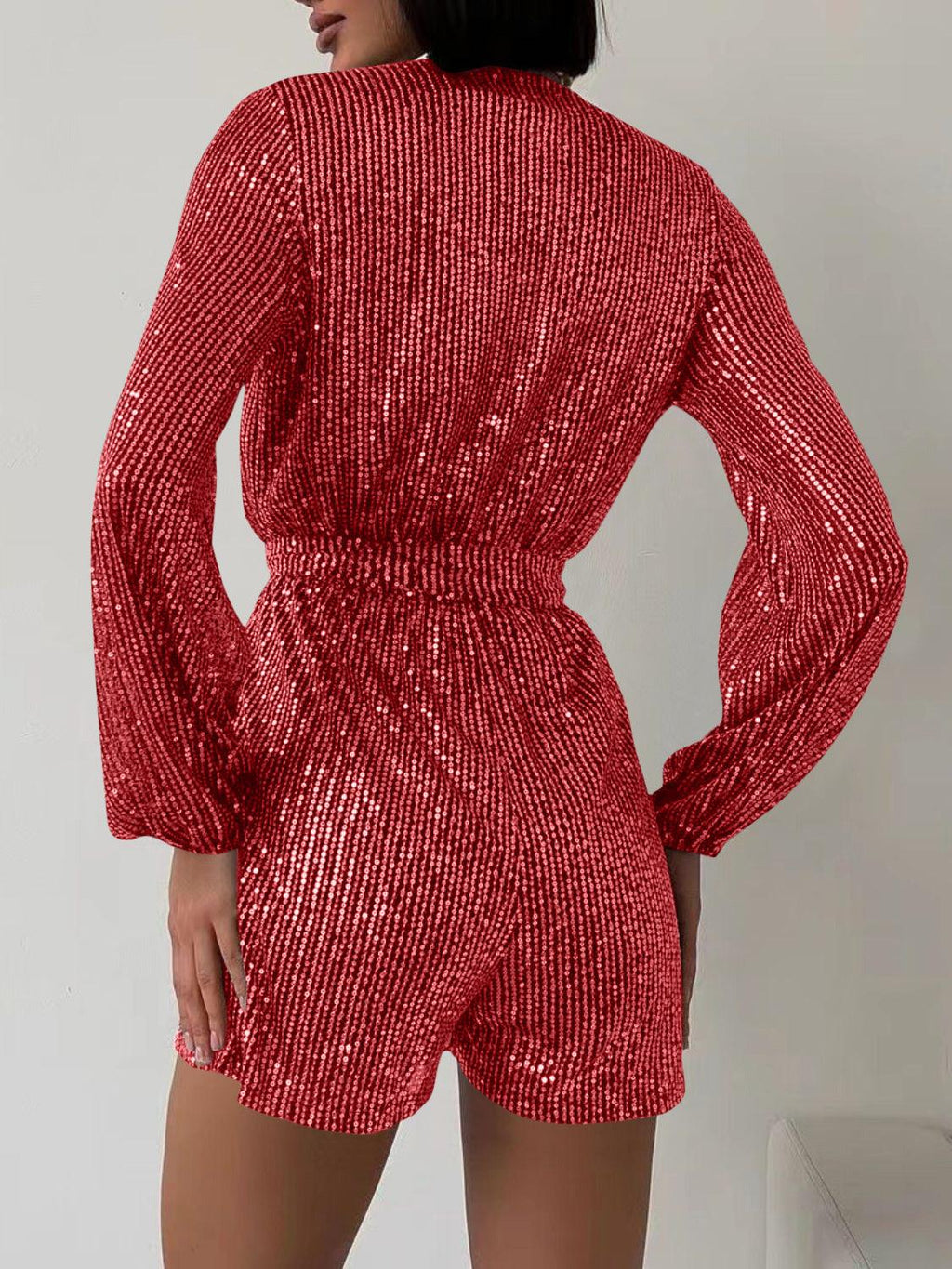 Full Size Sequin Surplice Tie Waist Long Sleeve Romper - SHANKARA CHÉRIE