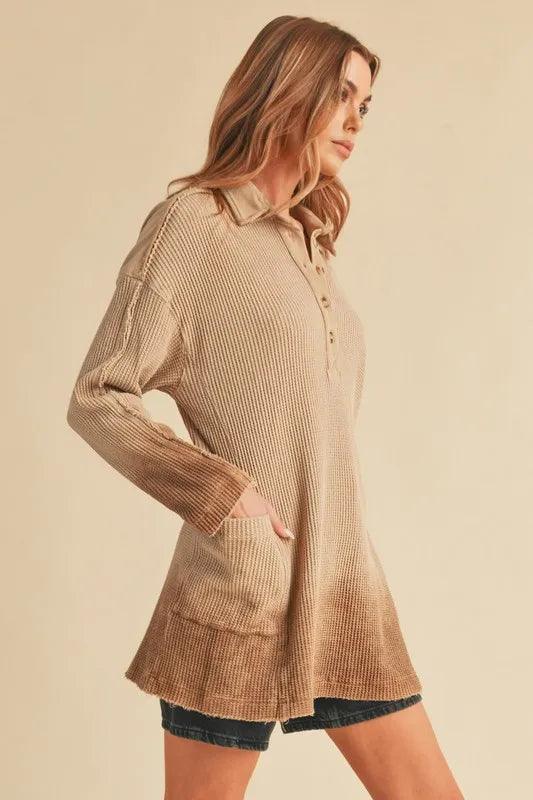 Aemi+Co Waffle-Knit Frayed Hem Button Detail Top.