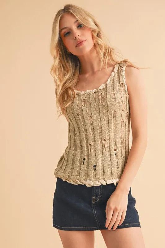 Aemi+Co Distressed Detail Round Neck Knit Tank.