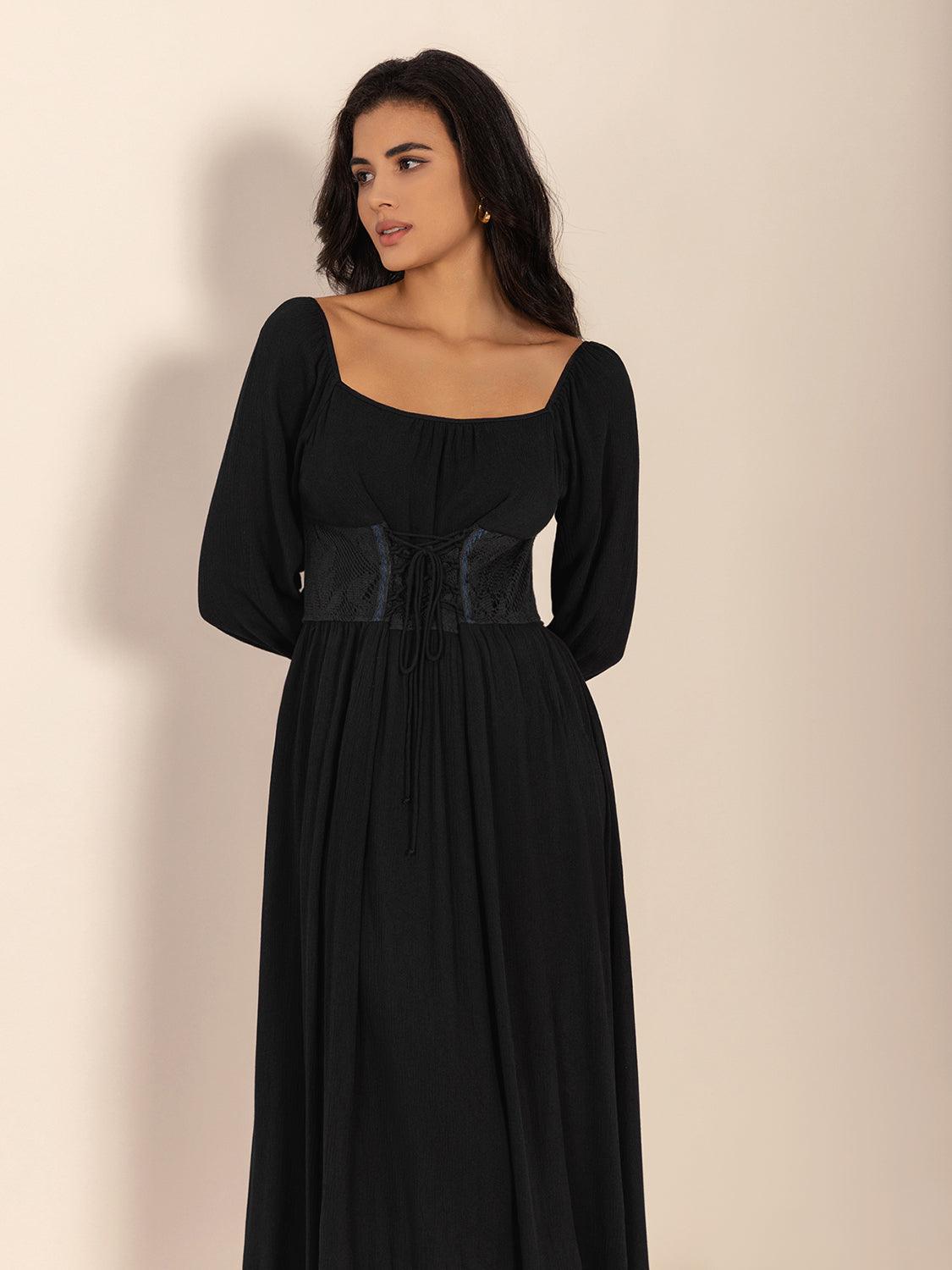 Lace-Up Square Neck Long Sleeve Midi Dress.