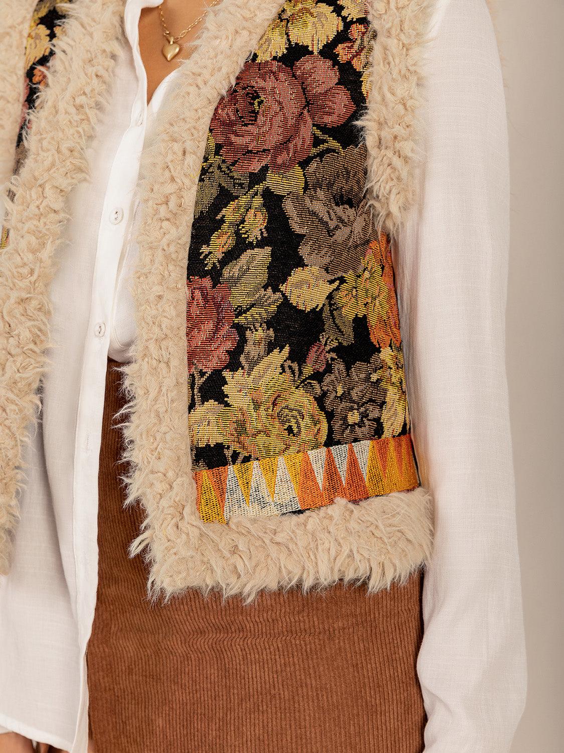 Embroidered Fuzzy Trim Open Front Vest Coat.