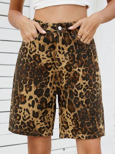 Leopard High Waist Denim Shorts.