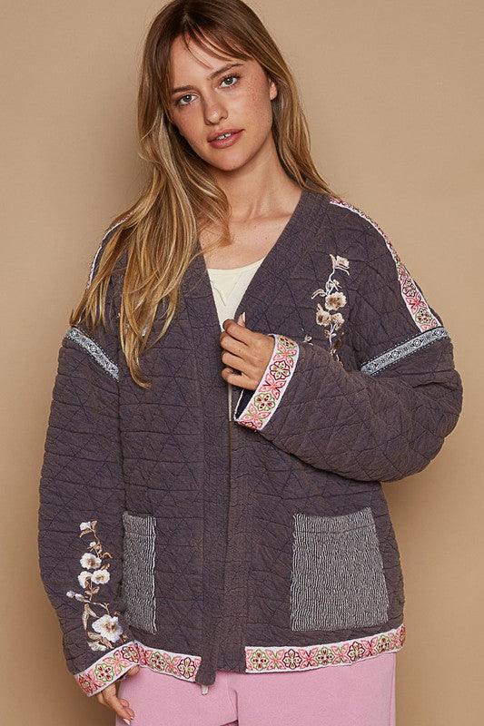POL Embroidered Open Front Long Sleeve Jacket.