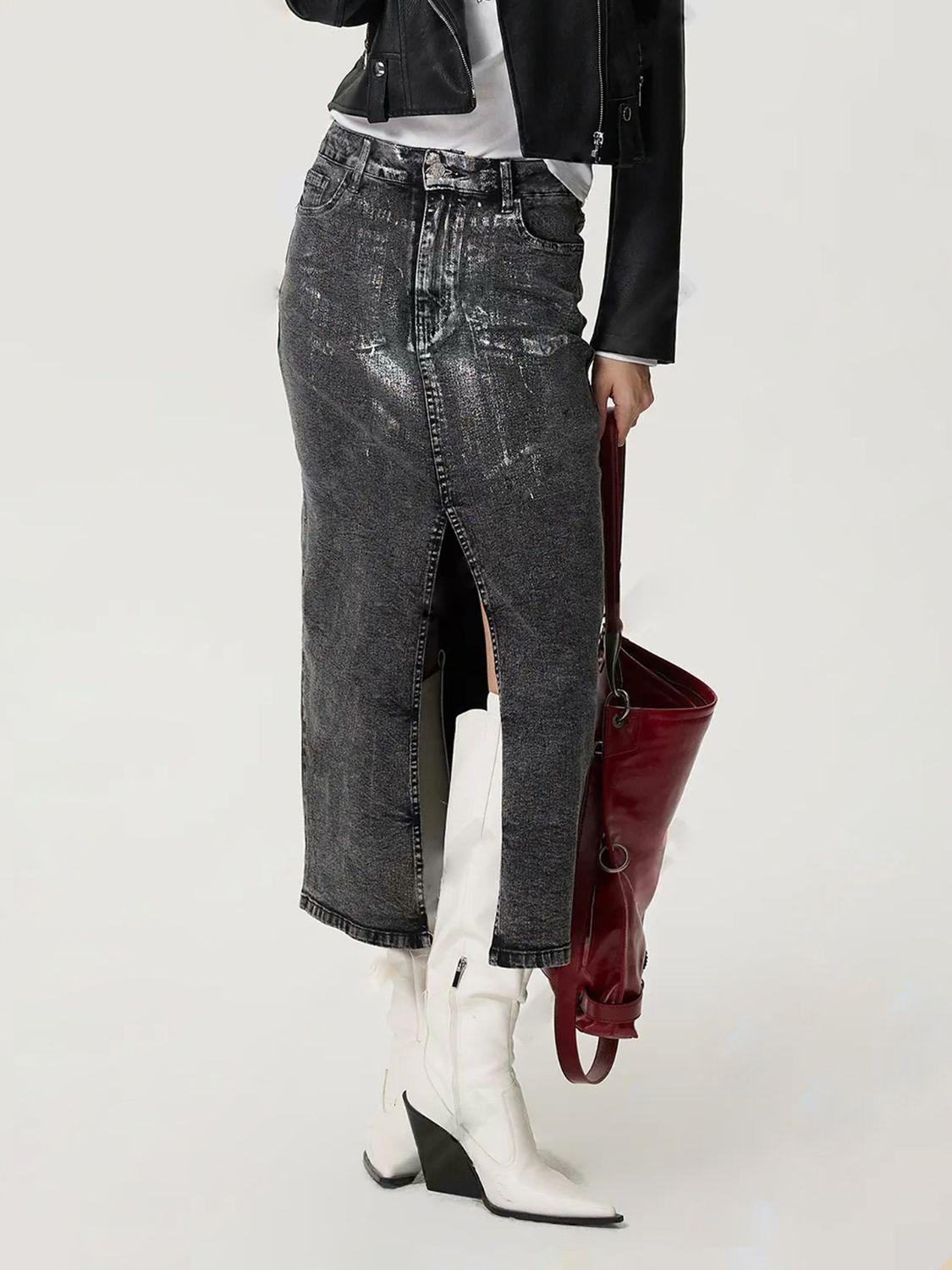 Slit Midi Denim Skirt with Pockets.