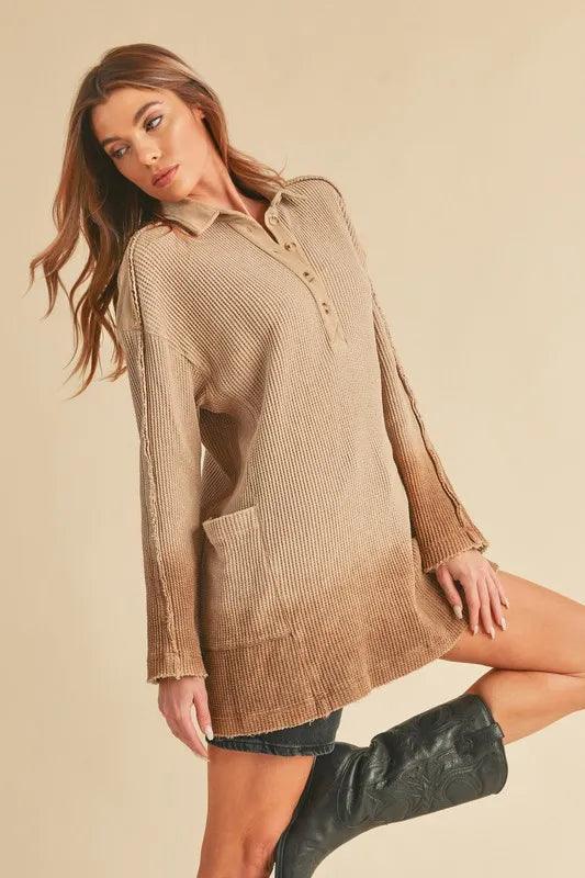 Aemi+Co Waffle-Knit Frayed Hem Button Detail Top.