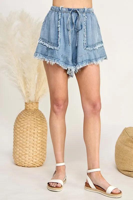 SAGE+FIG Frayed Drawstring Denim Shorts.