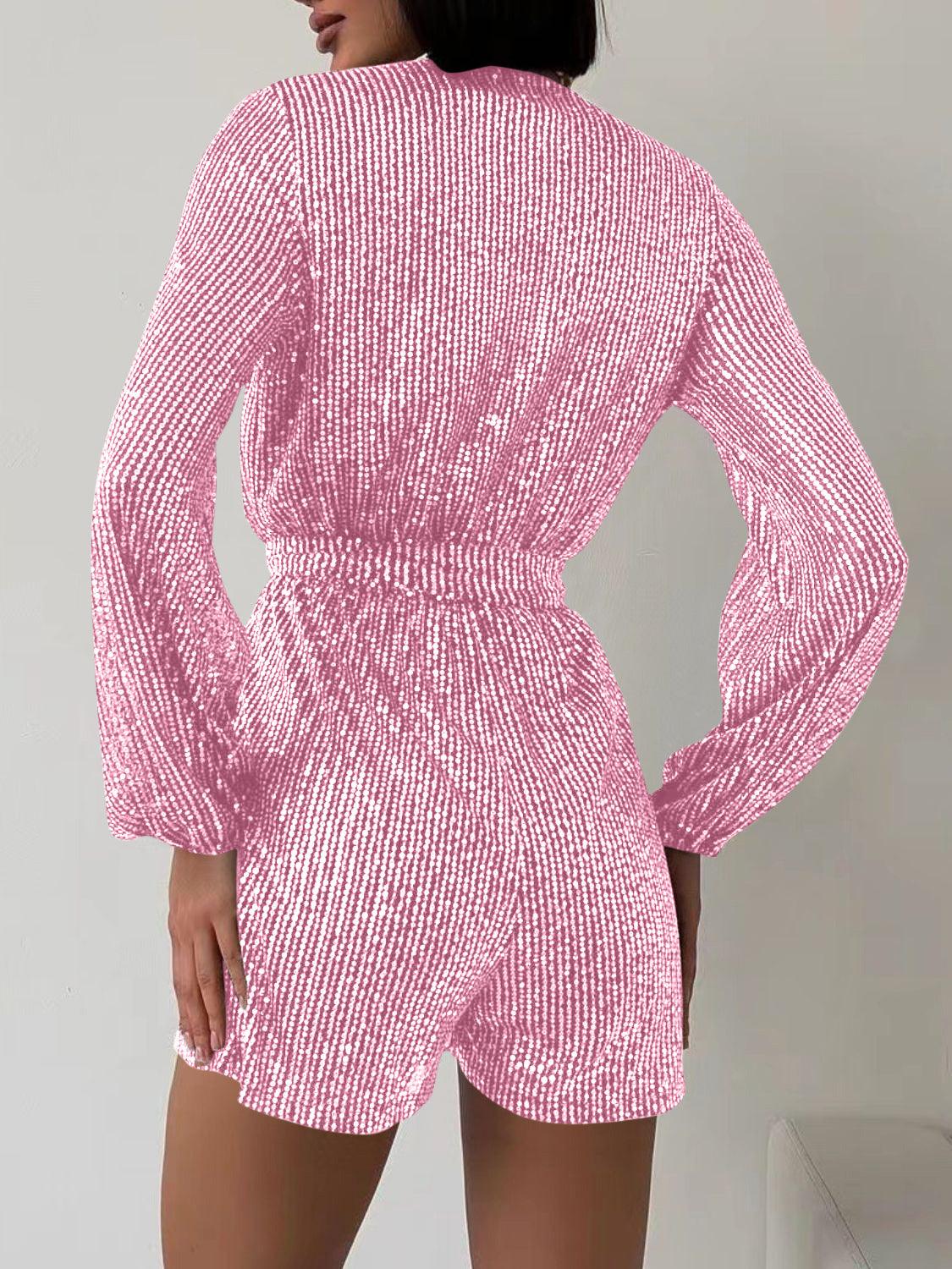 Full Size Sequin Surplice Tie Waist Long Sleeve Romper - SHANKARA CHÉRIE