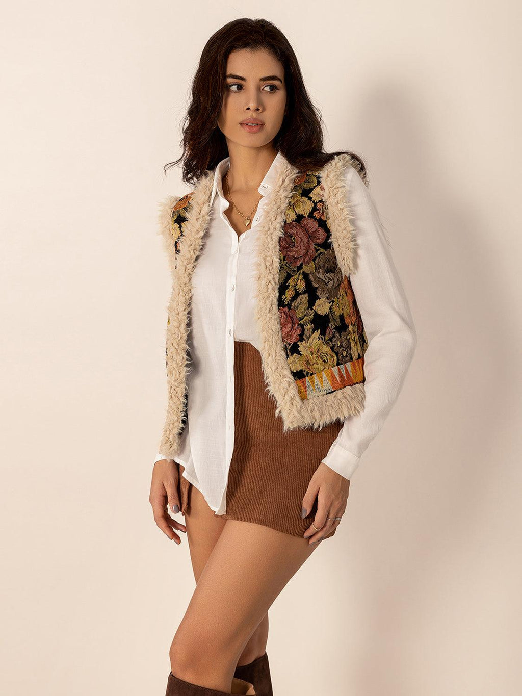 Embroidered Fuzzy Trim Open Front Vest Coat.