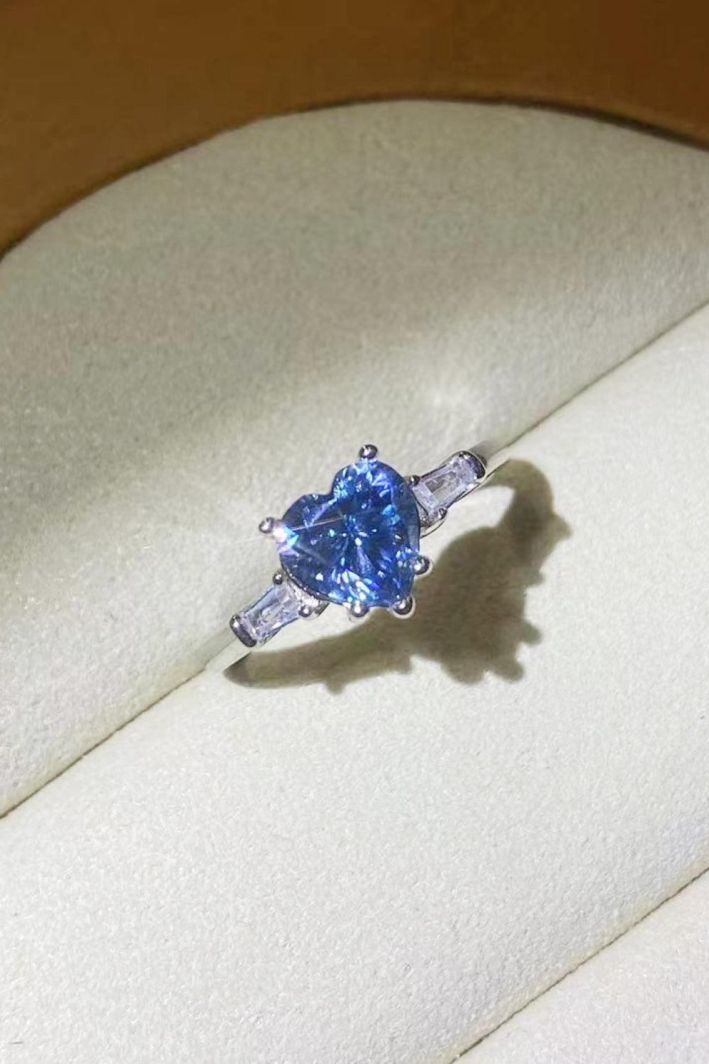 1 Carat Moissanite Heart-Shaped Platinum-Plated Ring in Blue.