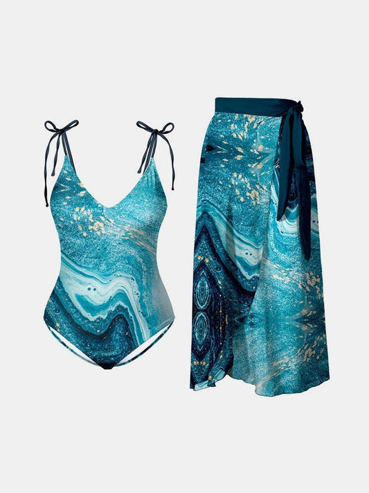 Printed Tie Shoulder Swimwear and Skirt Swim Set.