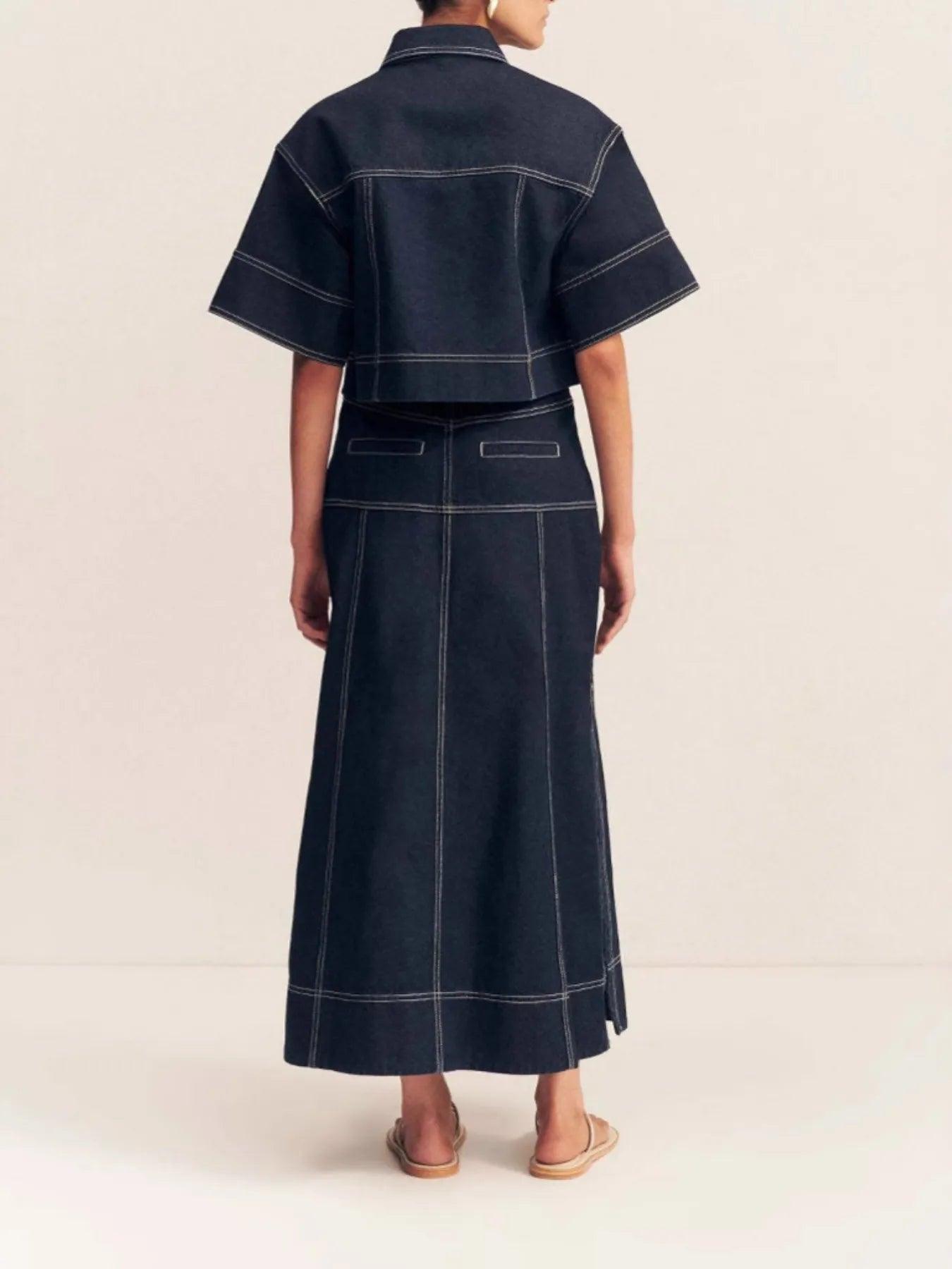 High-Waist Side Slit Contrast Stitch Denim Maxi Skirt.