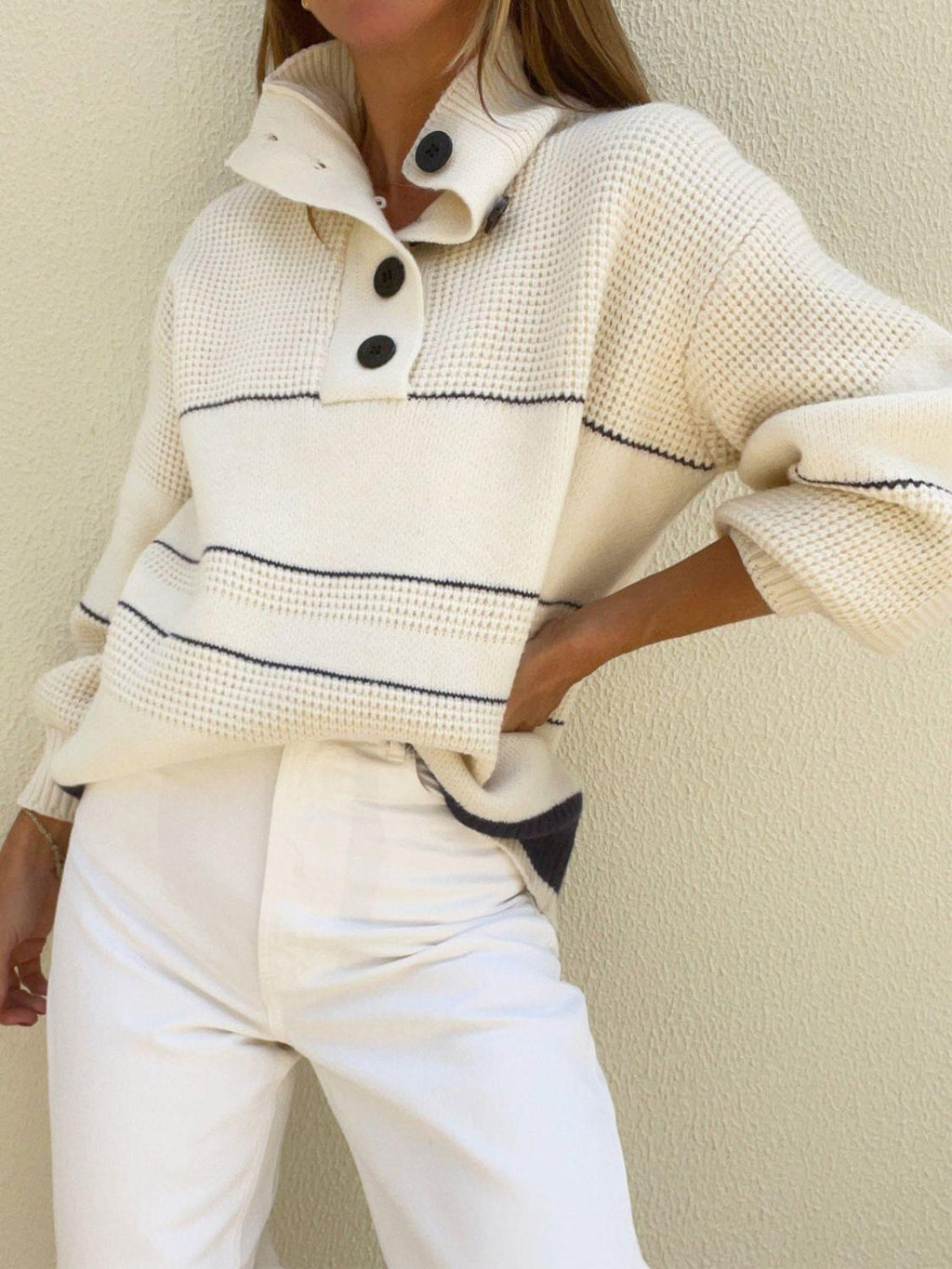 Waffle-Knit Half Button Long Sleeve Sweater.