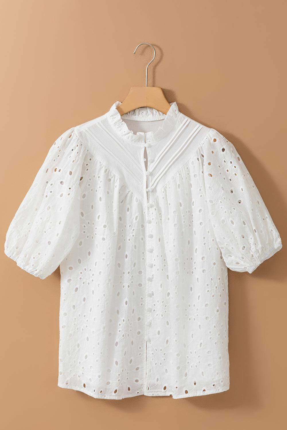 Eyelet Button Up Half Sleeve Top