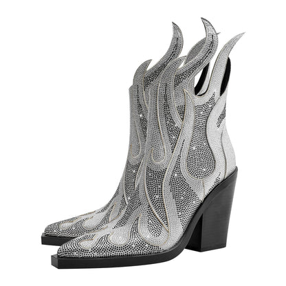 Silver rhinestone, flame motif design cowboy ankle boots