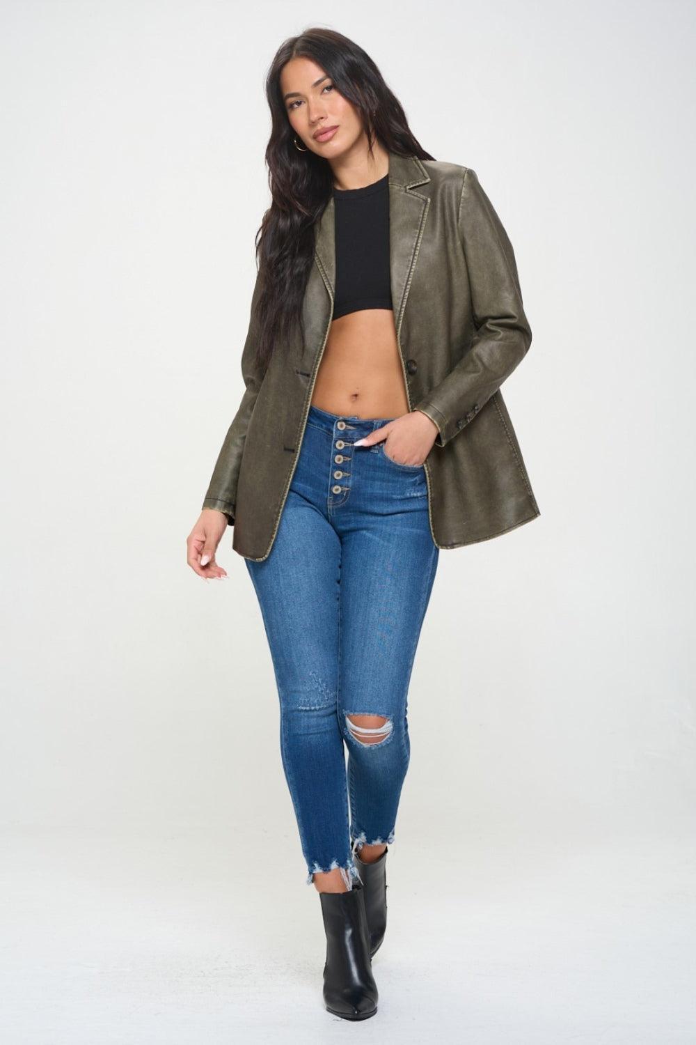 Coalition LA Single-Breasted Vegan Leather Blazer.