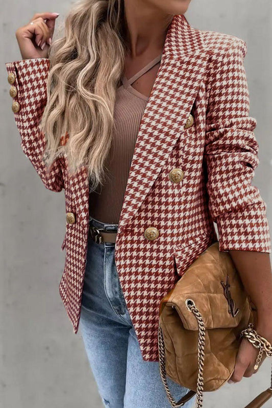 Houndstooth Collared Neck Double-Breasted Blazer.