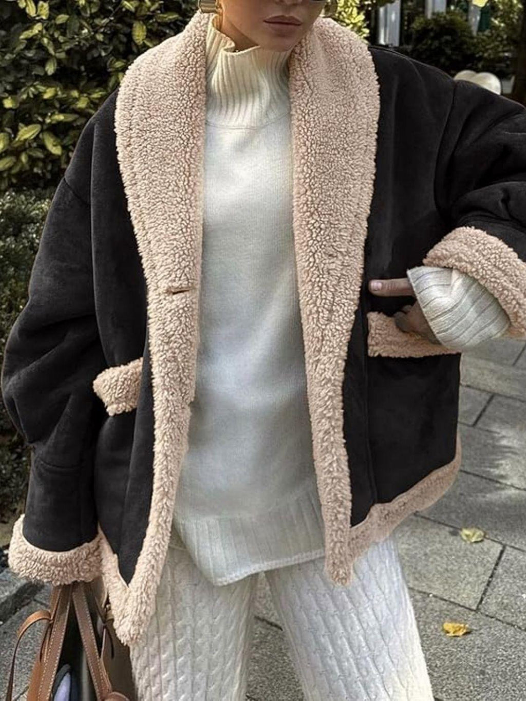 Fuzzy Collared Neck Long Sleeve Jacket.