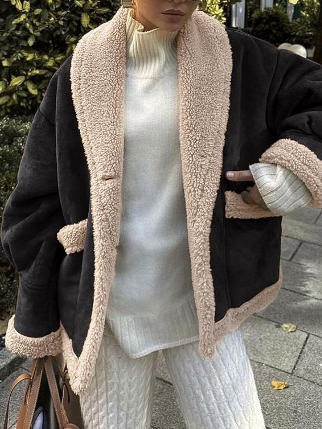 Fuzzy Collared Neck Long Sleeve Jacket.