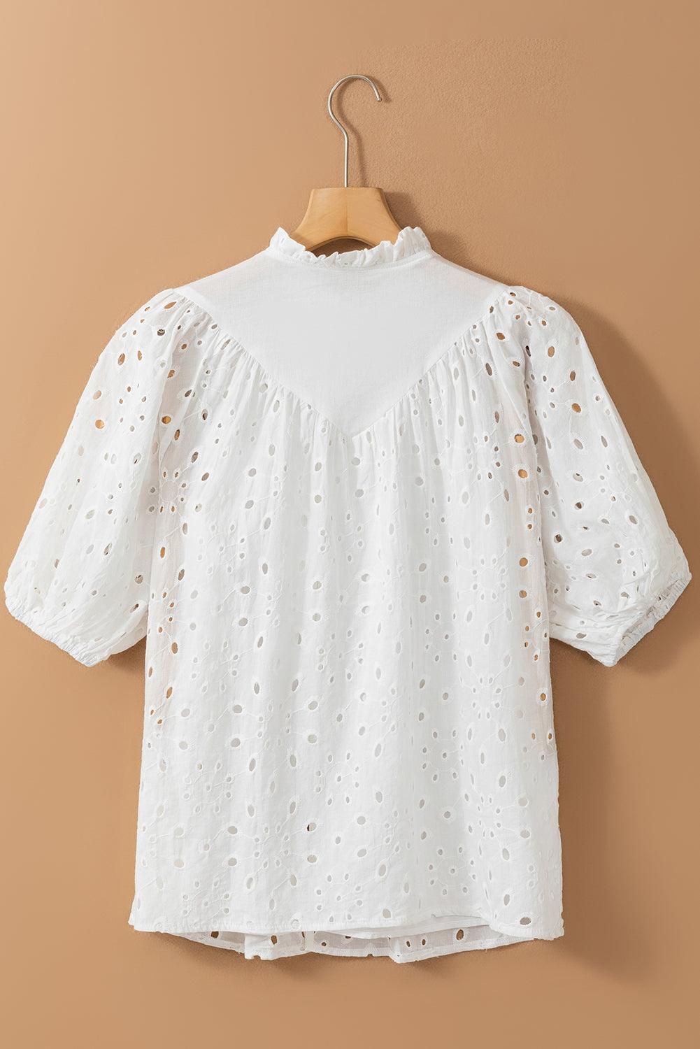 Eyelet Button Up Half Sleeve Top