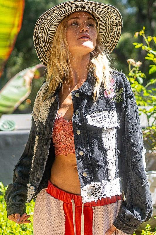 POL Crochet Patch Embroidered Button Up Jacket.